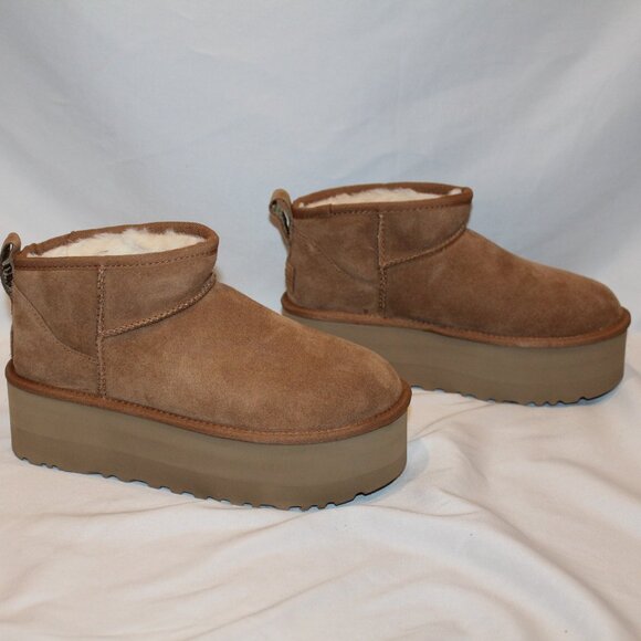 NEW UGG WOMEN'S ULTRA MINI PLATFORM SUEDE SHEARLING LINED BOOTIES CHESTNUT - Picture 2 of 8